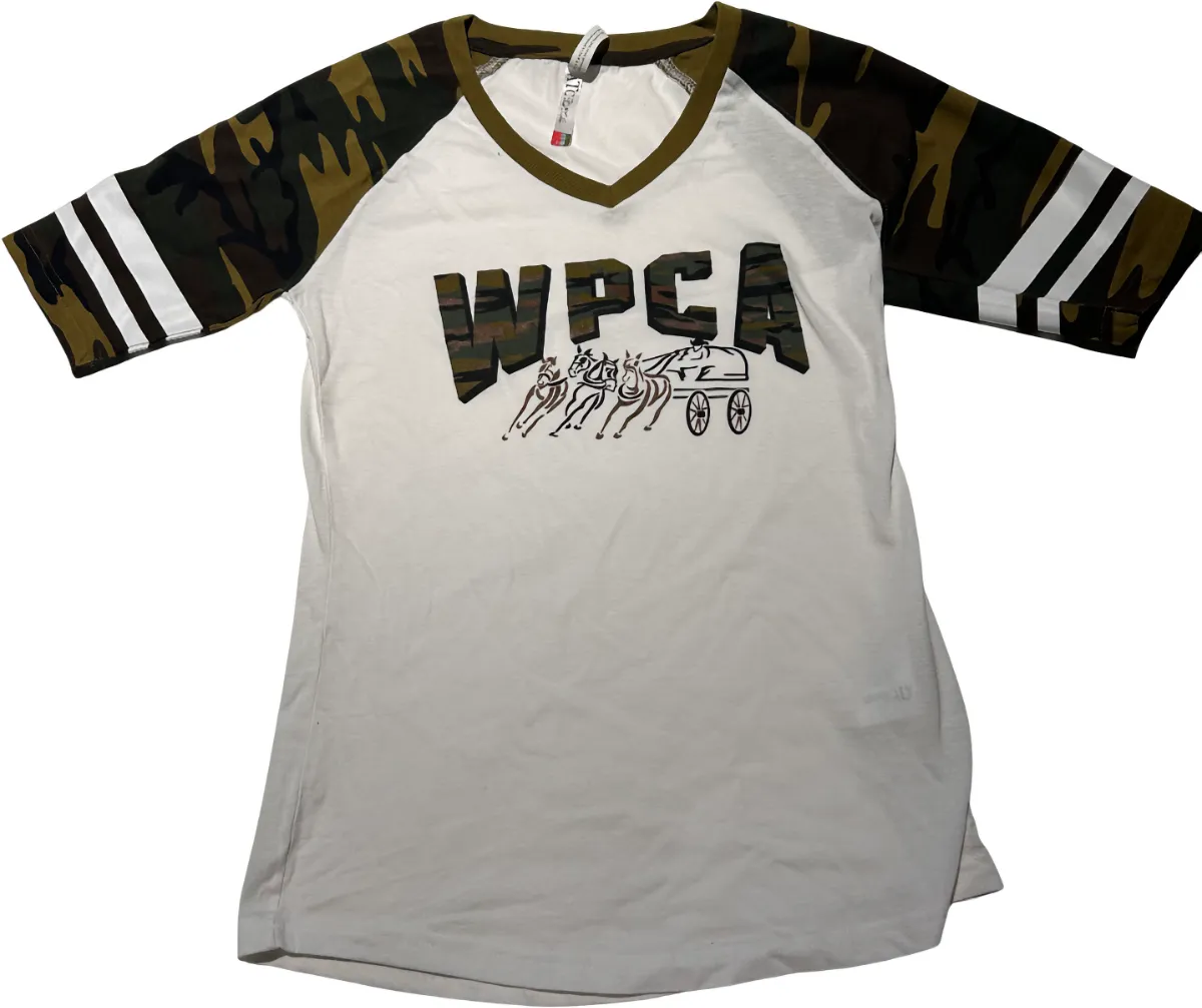 Ladies Camo/White Baseball T-Shirt