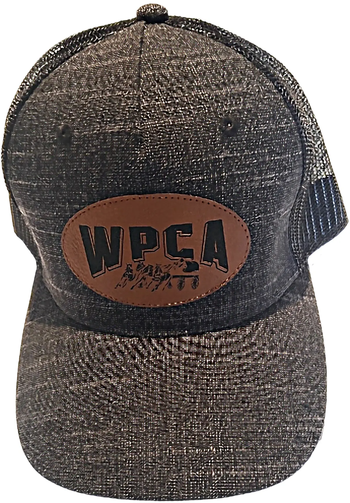 Grey WPCA poly rayon mesh cap with WPCA faux leather crest